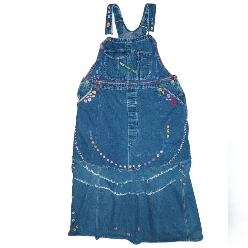 Boho Hippie Vintage Key Denim Floral Embroidered Crochet Over-Alls Maxi Dress - Picture 2 of 11